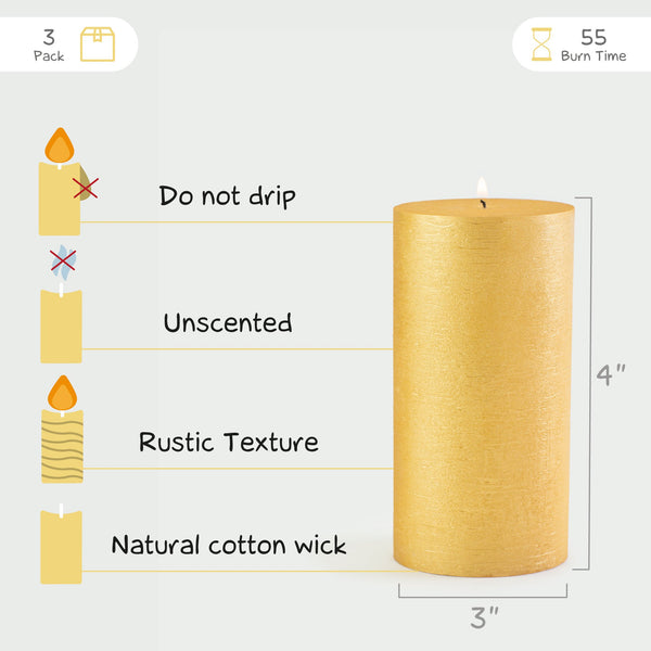 CANDWAX Gold Pillar Candles 4" - Set of 3pcs