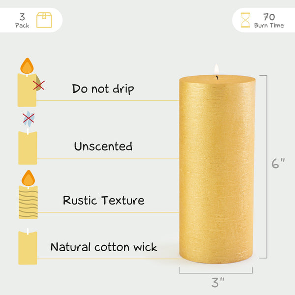 CANDWAX Gold Pillar Candles 6" - Set of 3pcs