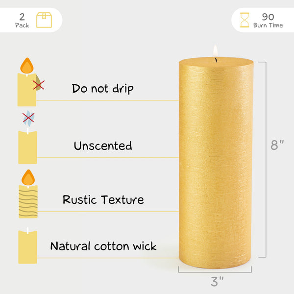 CANDWAX Gold Pillar Candles 8" - Set of 2pcs