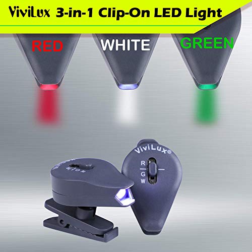 ViviLux 2 Pc 3-in-1 Clip On LED Lights with White, Red, and Green Lighting; Small and Powerful LED Light - Clips to Glasses, Hats, Clothing for Crafts, Hobby & Night Activity