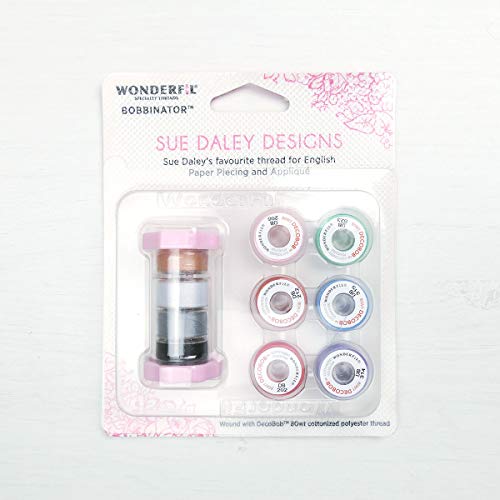 WonderFil Bobbinator Sue Daley Designs Specialty Threads, 10 x pre-Wound Bobbins. Decobob, 2-Ply 80wt Cottonized Soft Polyester Silk-Like Thread Fine Sewing English Paper Piecing EPP Applique Sewing