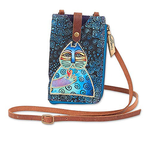Laurel Burch Crossbody Cell Phone Purse - Women Cotton Canvas Multicolor Handbag with Genuine Leather Adjustable Strap (A. Cat Blue)