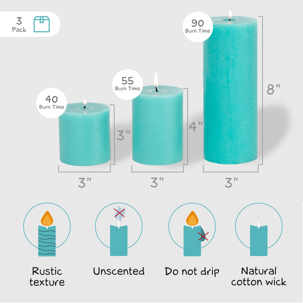 CANDWAX Turquoise Pillar Mix - 3 inch, 4 inch & 8 inch