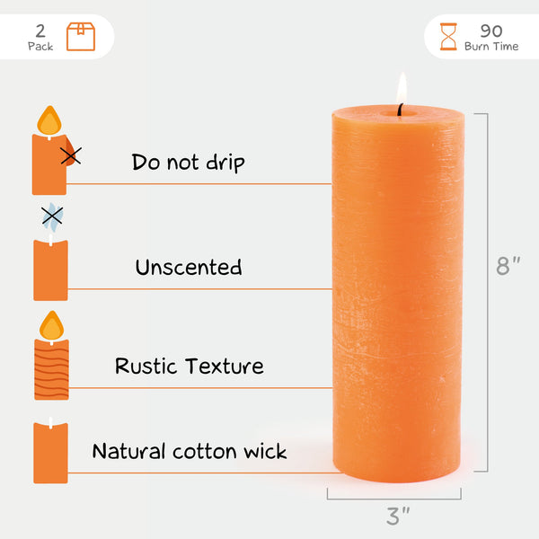 CANDWAX Orange Pillar Candles 8" - Set of 2pcs