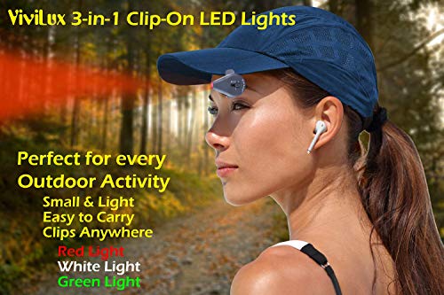 ViviLux 2 Pc 3-in-1 Clip On LED Lights with White, Red, and Green Lighting; Small and Powerful LED Light - Clips to Glasses, Hats, Clothing for Crafts, Hobby & Night Activity
