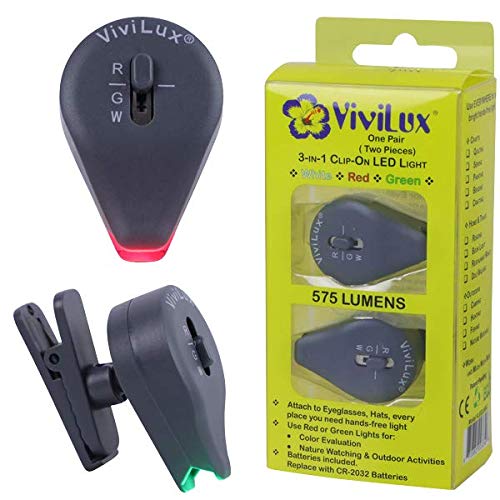 ViviLux 2 Pc 3-in-1 Clip On LED Lights with White, Red, and Green Lighting; Small and Powerful LED Light - Clips to Glasses, Hats, Clothing for Crafts, Hobby & Night Activity