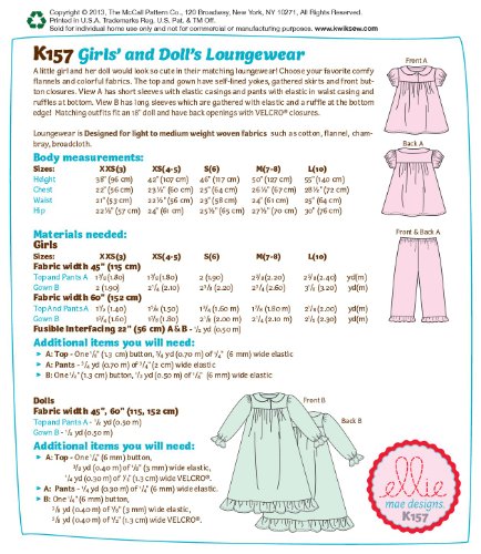 KWIK-SEW PATTERNS K0157OSZ Girls'/18-Inch Doll's Loungewear Sewing Template