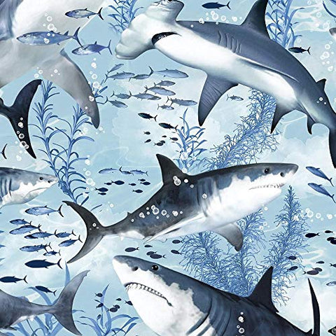 Shark Fabric, by The Yard, Swimming Sharks, C7980, Timeless Treasures, Quilting Cotton, BTY