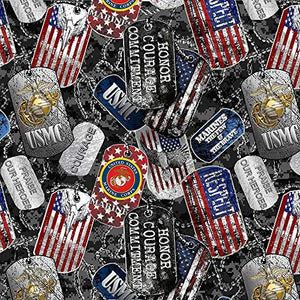 United States Military US Marines USMC Cotton Fabric with Dog Tags and Digi Camo Ground Design-Sold by The Full Yard