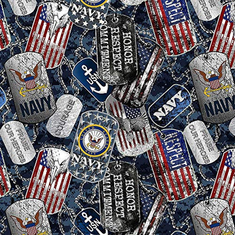 United States Military US Navy Cotton Fabric with Dog Tags and Digi Camo Ground Design-Sold by The Full Yard